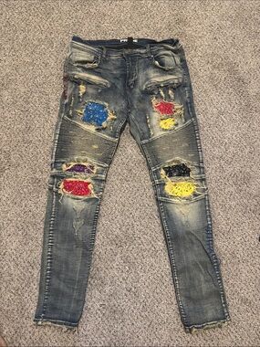PRMX Distressed Skinny Jeans with Multicolor Bandana Patches - Blue Wash